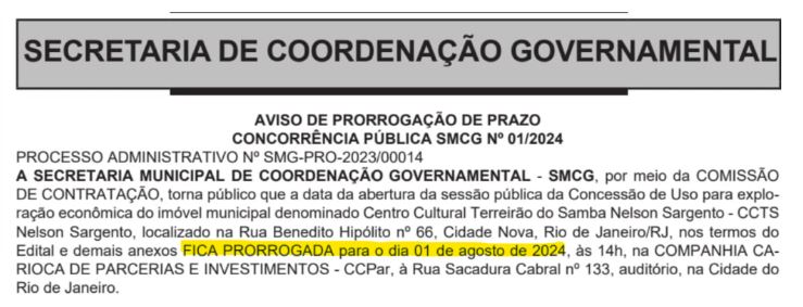 Aviso de adiamneto da licitacao do Terreirao do Samba Tempo Real Concessão do Terreirão do Samba é adiada pela 8ª vez