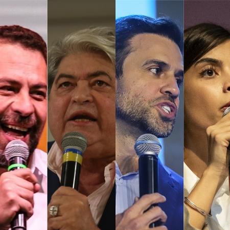 Da esquerda para a direita Ricardo Nunes, Guilherme Boulos, José Luiz Datena, Pablo Marçal, Tabata Amaral e Marina Helena, candidatos à Prefeitura de São Paulo