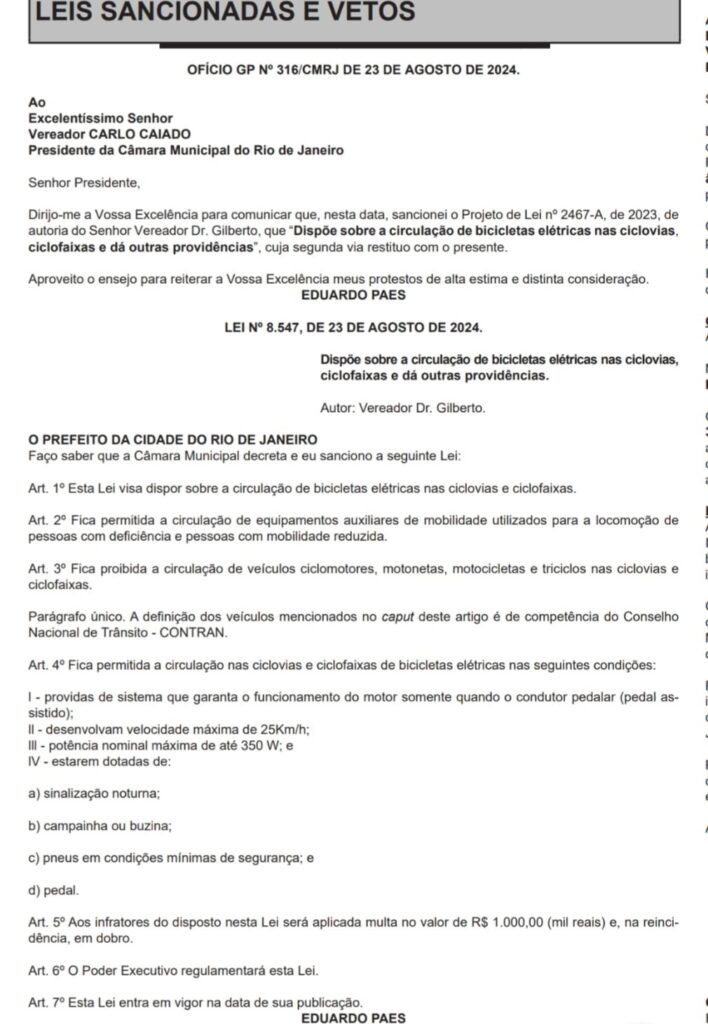 Lei de circulacao de bicicletas eletricas Prefeito Eduardo Paes sanciona lei que regulamenta o uso de bicicletas elétricas em ciclovias do Rio