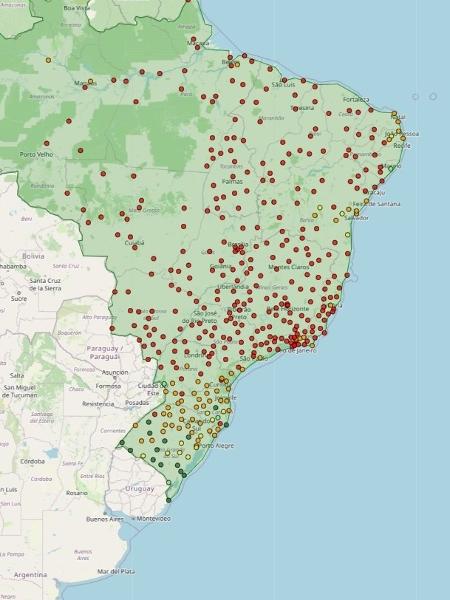 Mapa com o risco de queimadas no Brasil nas últimas 24 horas