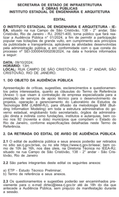 Licitacao BIM Governo do RJ enfrenta previsão de déficit, mas Instituto Estadual lança licitação de quase R$ 800 milhões