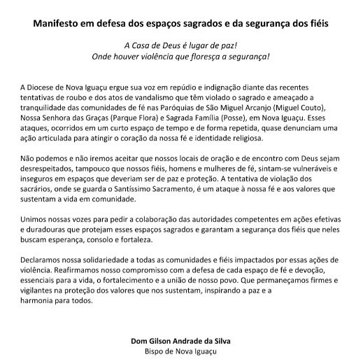 Dom Gilson Bispo de Nova Iguaçu divulga manifesto de repúdio à violência contra templos e fiéis na Baixada