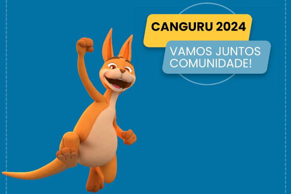 Fundo azul, animação de canguru laranja comemorando, texto Canguru 2024 Vamos Juntos Comunidade