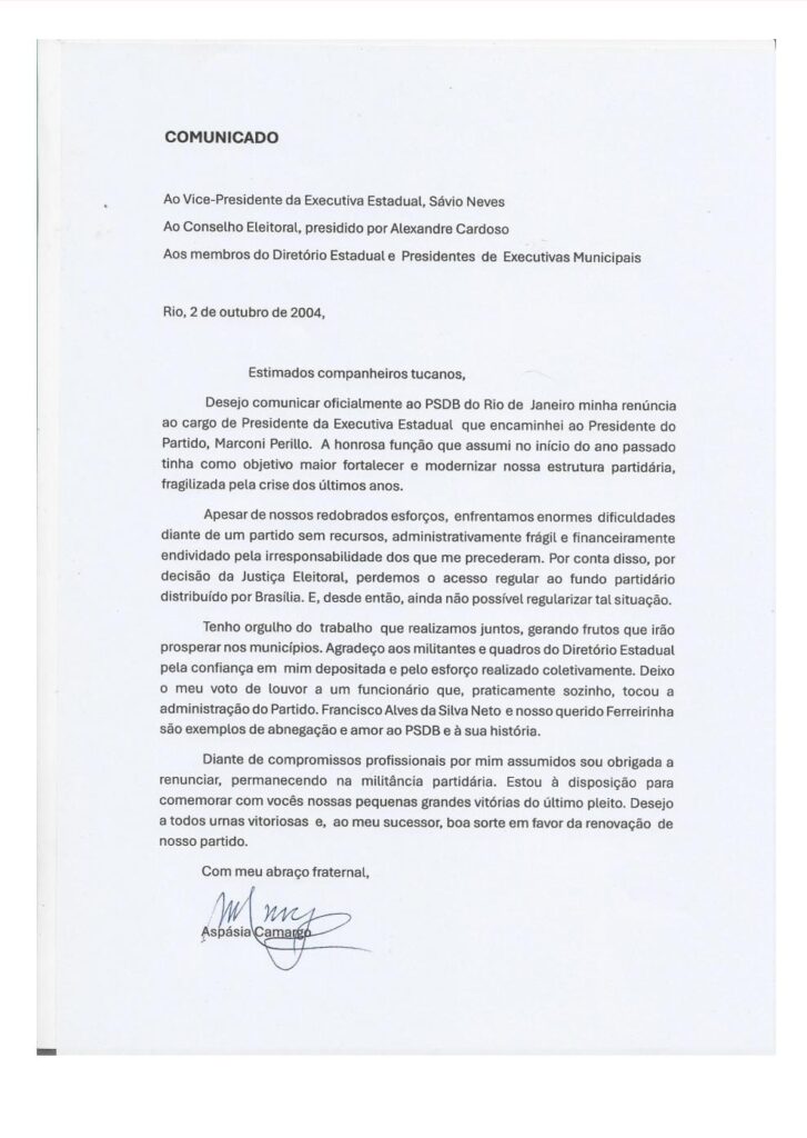 Carta renuncia Aspasia Aspásia Camargo renuncia à presidência do PSDB no Rio após críticas internas